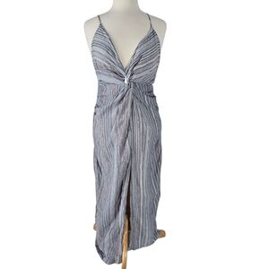 Handloom Celia Metallic Striped Cotton Midi Dress M/L Knotted Front Gray